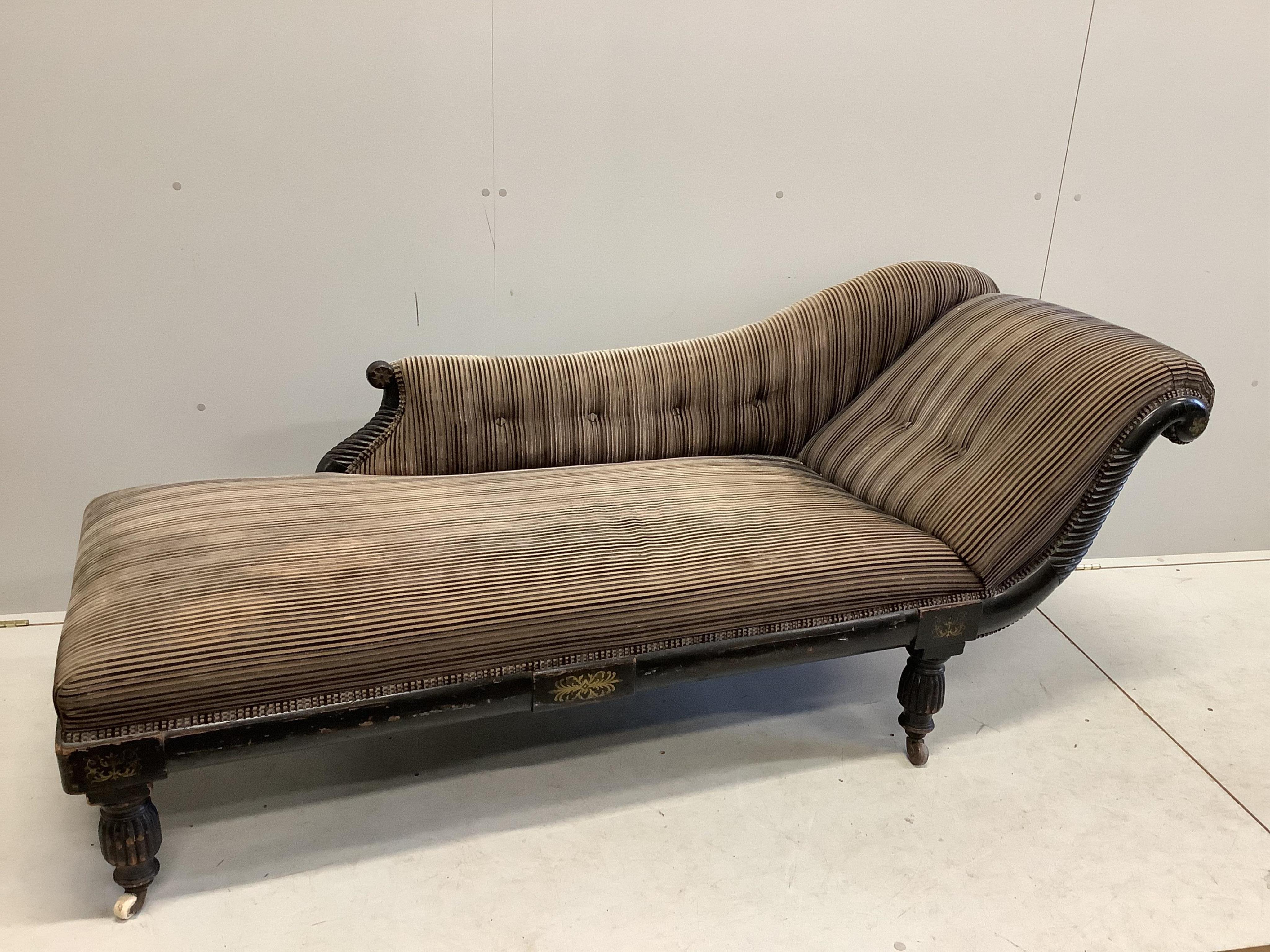 A Regency cut brass inlaid chaise longue, width 186cm, depth 54cm, height 75cm. Condition - fair